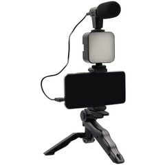 Set pentru vloguri 4 in 1,cu microfon, lampa LED, trepied si suport de telefon